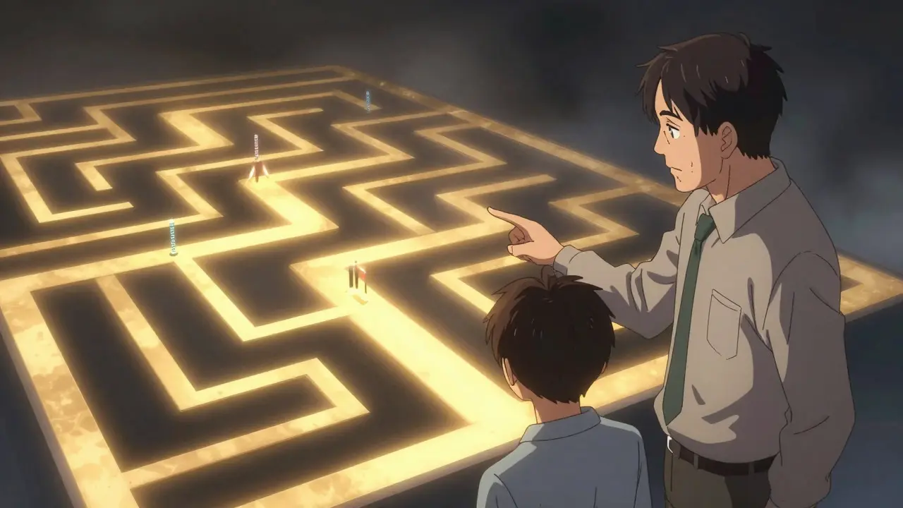 Anime mentor guiding a novice through a maze of market risks and rewards
