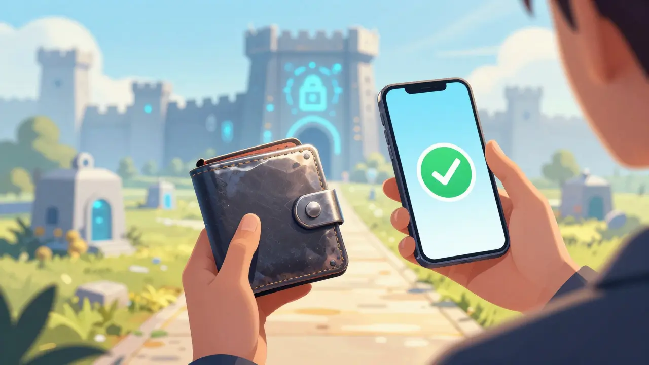 Anime person holding a hardware wallet and phone in a bright, safe landscape