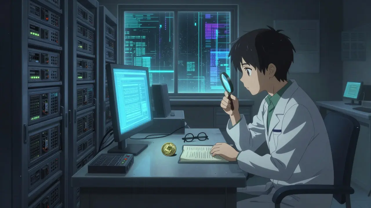 Anime researcher studying a tarnished coin in a dimly lit lab, symbolizing historical analysis