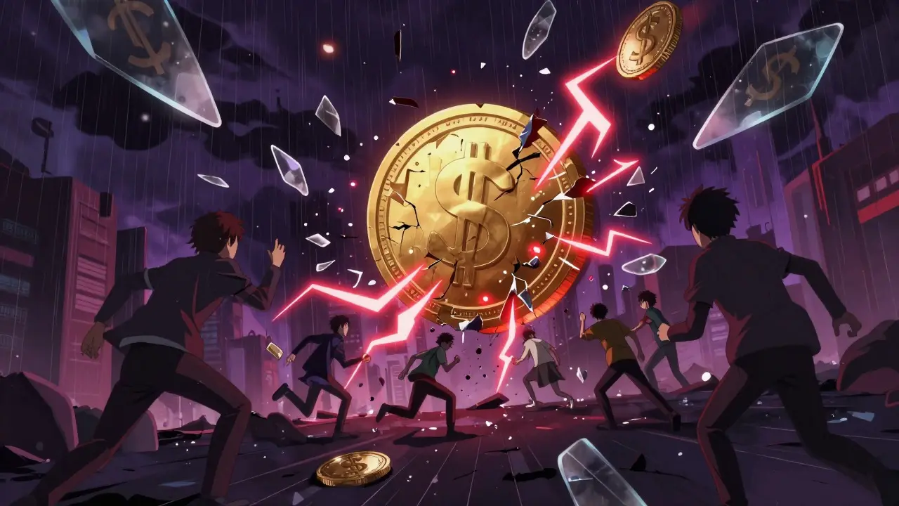 Anime scene of a cracking coin amidst a storm, symbolizing a crypto market crash
