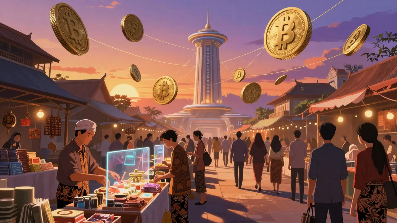 Anime scene of a futuristic market with floating coins and barriers, illustrating the ongoing crypto payment ban