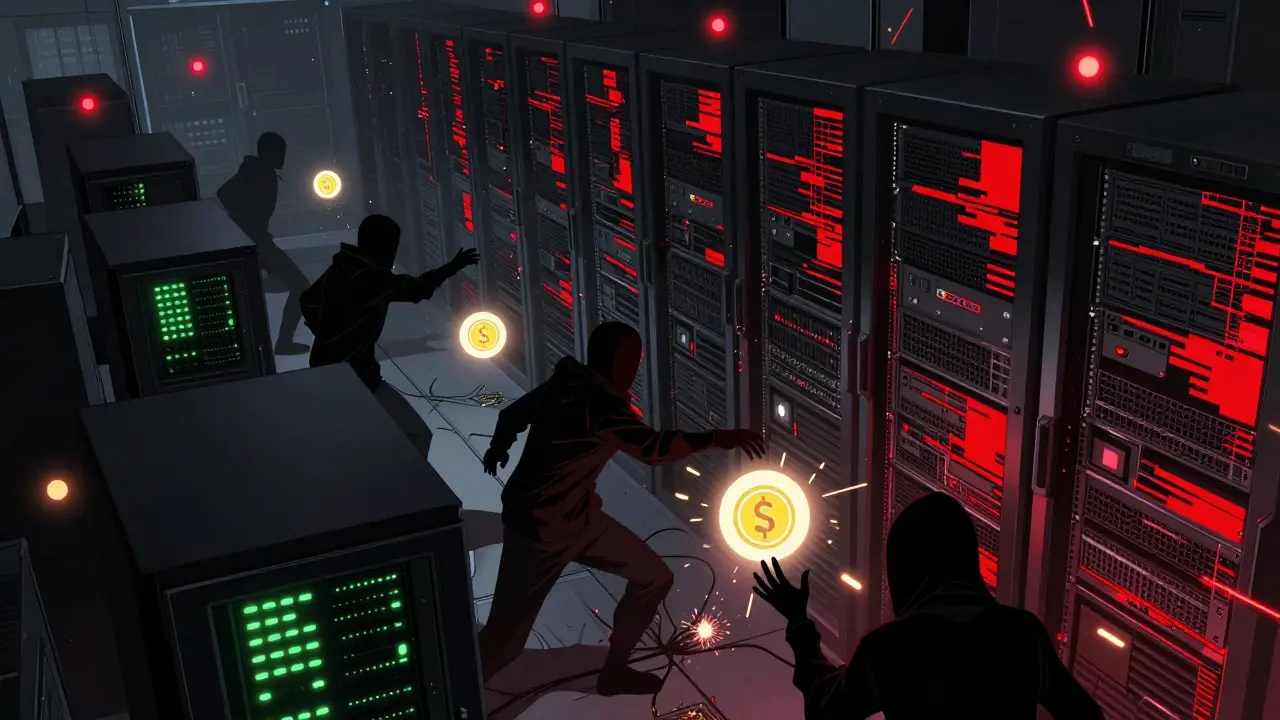 Anime scene of hackers stealing data from glitching servers in a dark room