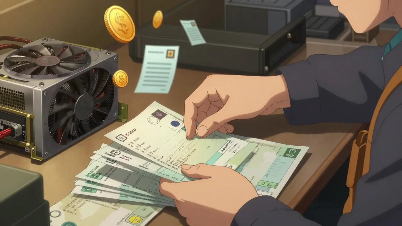 Anime style close-up of mining invoices and hardware