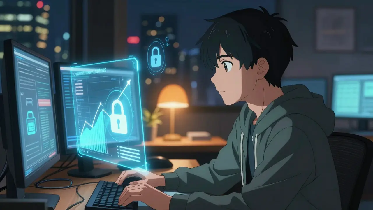 Anime-style portrait of a focused trader with holographic security icons, representing stricter compliance rules
