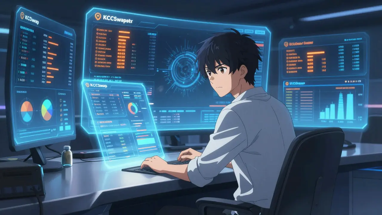 Anime trader analyzing holographic DeFi data in a futuristic command center