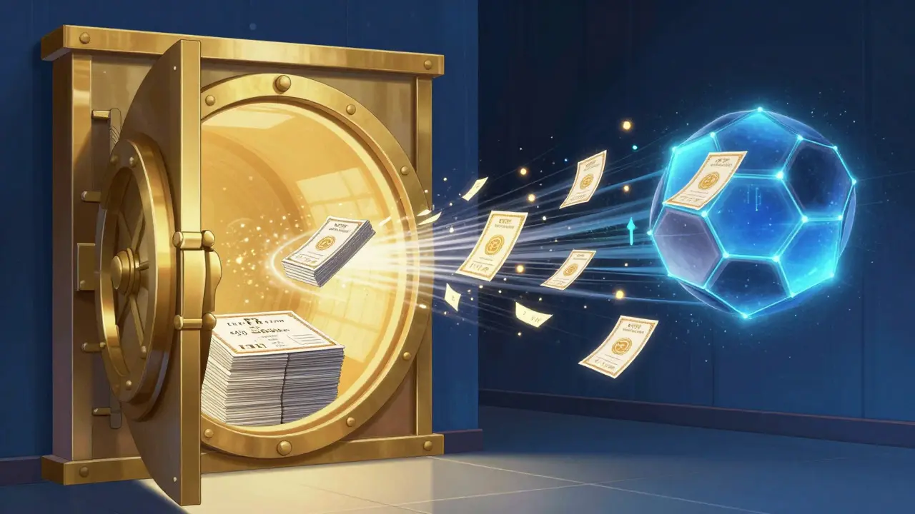 Anime visualization of physical ETF shares transforming into digital blockchain tokens