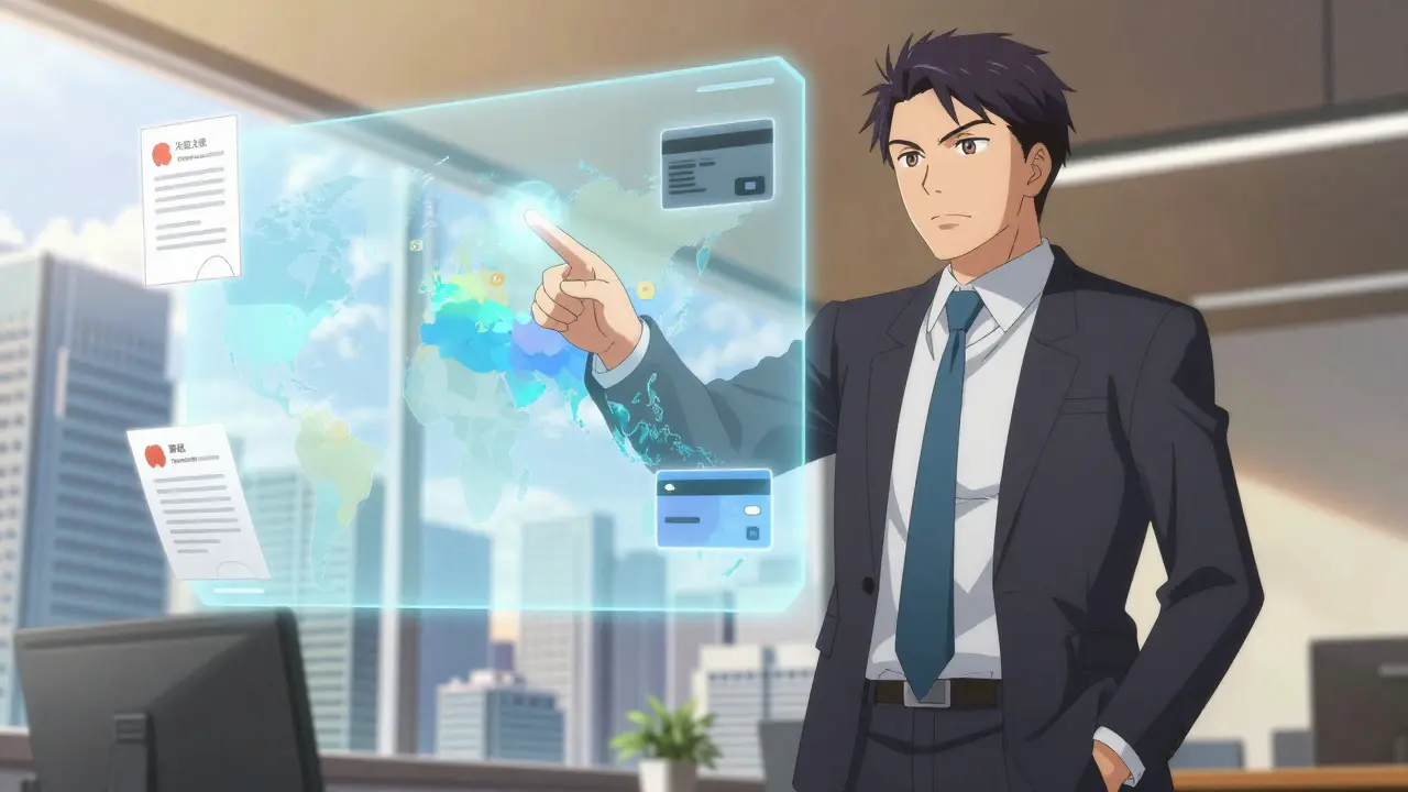Business executive pointing at global map showing compliant financial strategies