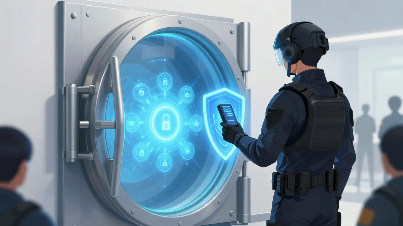 Character guarding a vault with a protective energy shield around digital assets