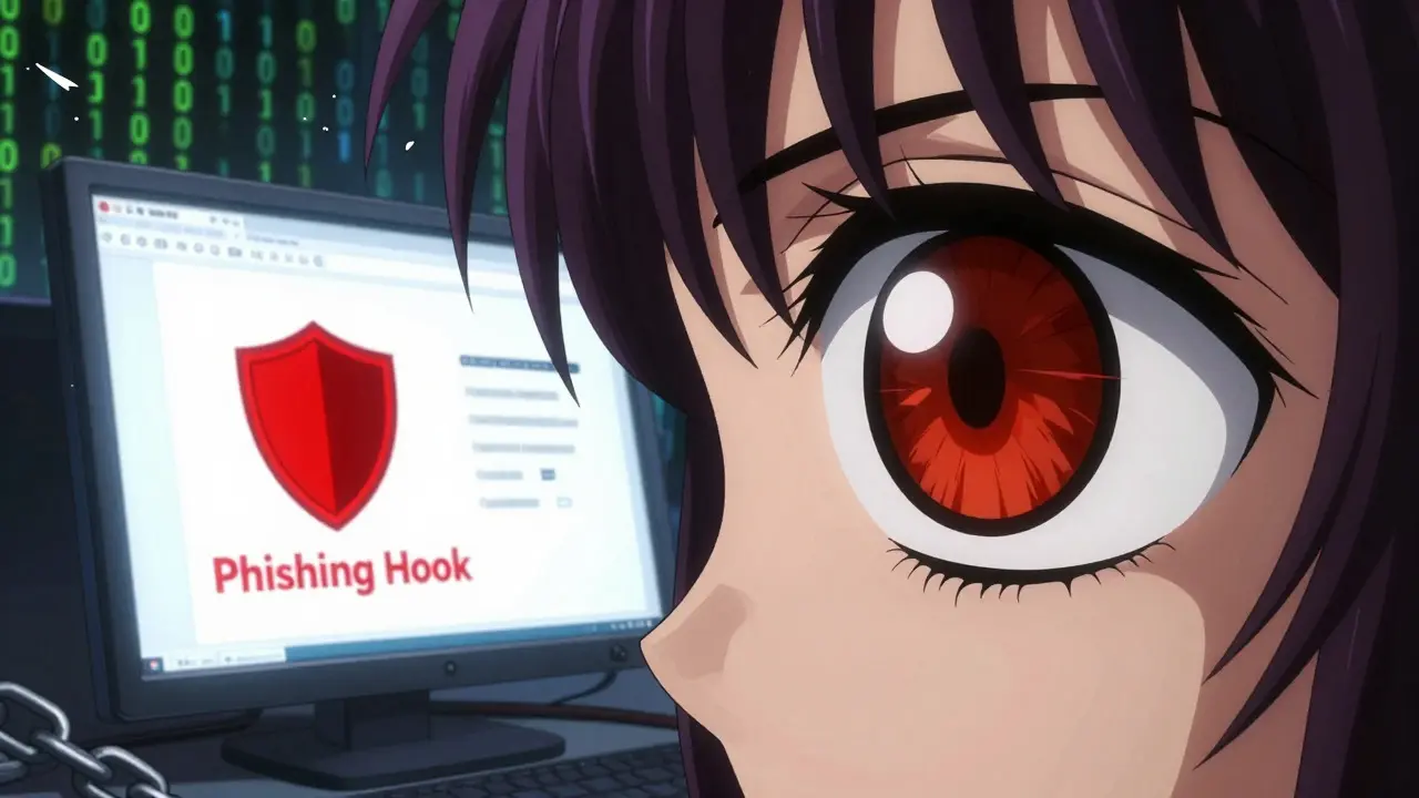 Close-up of anime eye reflecting phishing scam warning and security shield