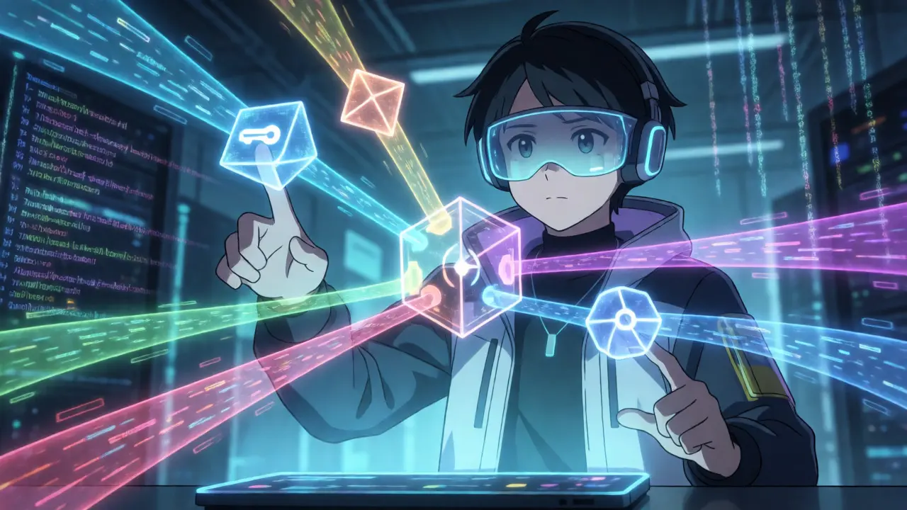 Developer managing decentralized cross-chain data flows in a cyberpunk room.