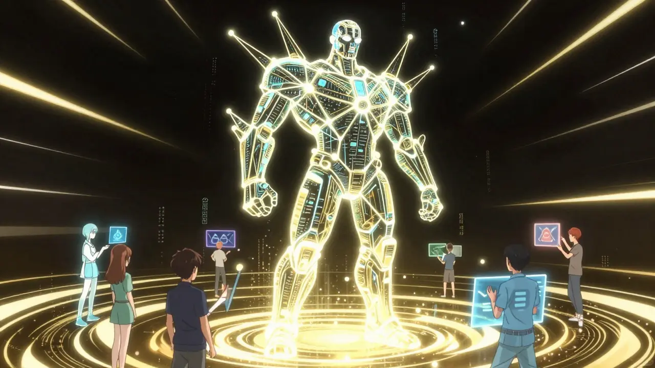 Digital titan figure composed of light nodes representing blockchain infrastructure