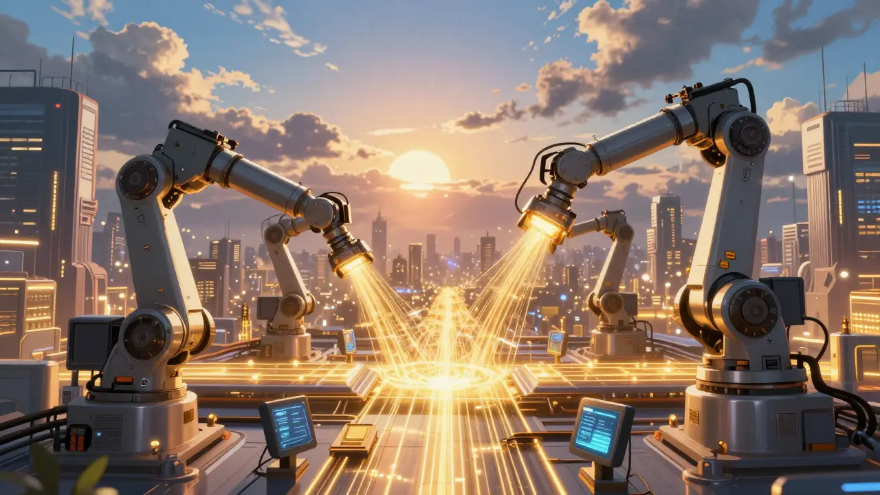 Futuristic anime scene of IoT machines exchanging data via light streams