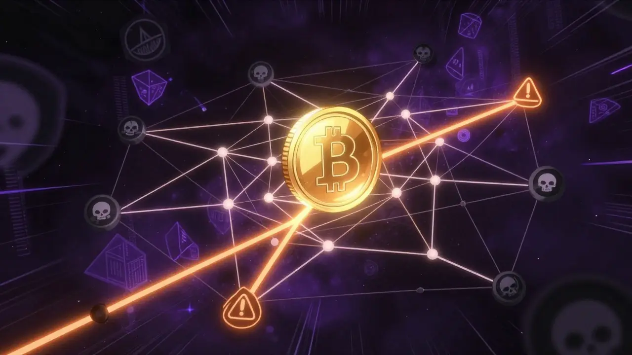 Glowing digital network tracing a tainted crypto transaction path