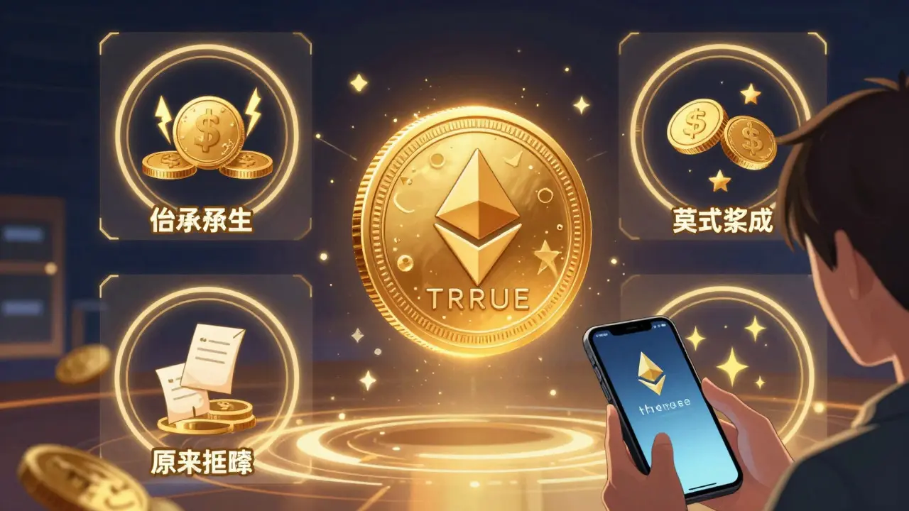 Glowing TRRUE token surrounded by icons for payments, governance, and rewards