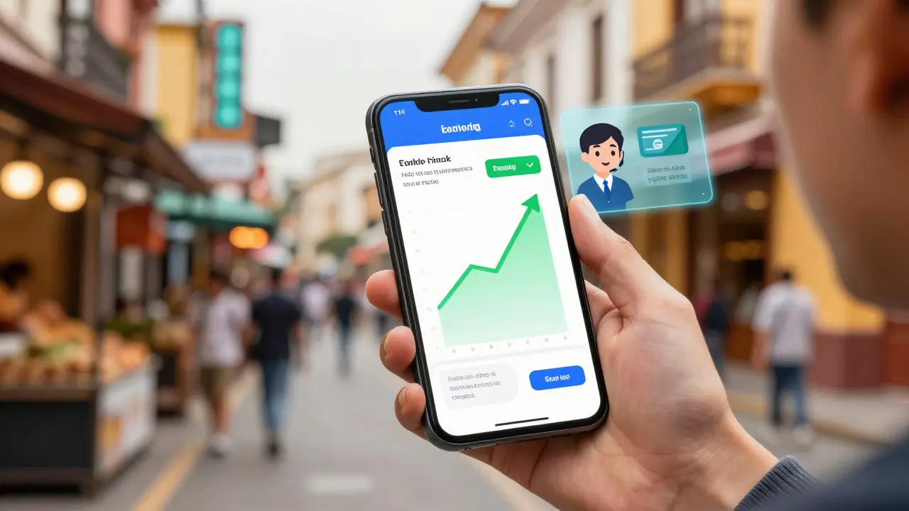 Hands using trading app on phone with holographic support in a Latin American city.