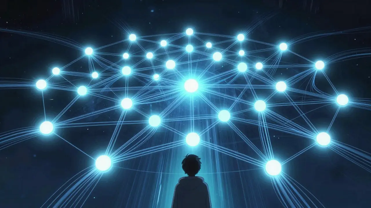 Luminous anime network diagram illustrating blockchain sharding technology