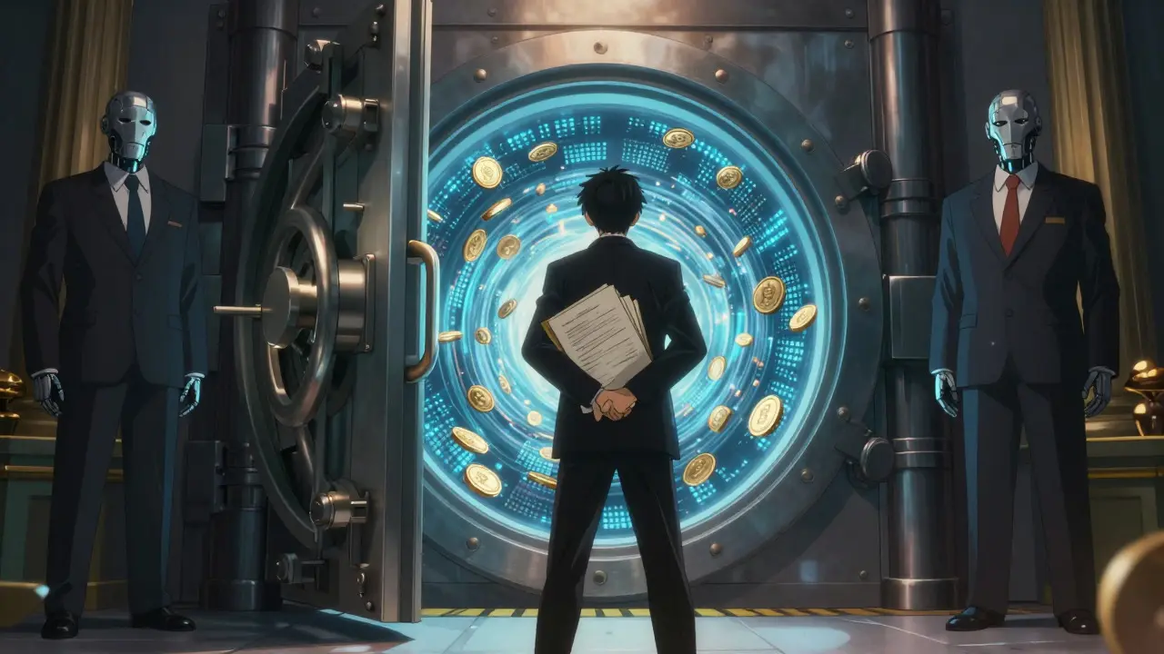 Person with documents facing a guarded bank vault in anime style
