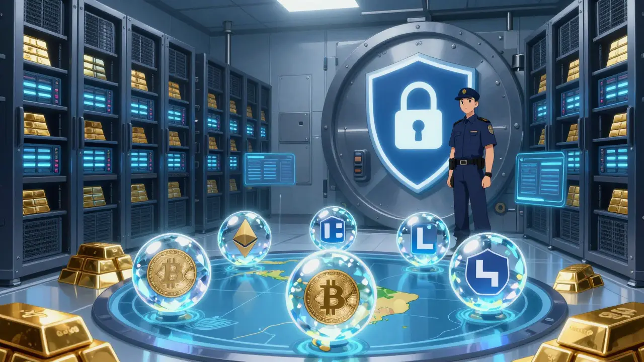 Secure vault with crypto crystals and security guard representing Buda's cold storage.
