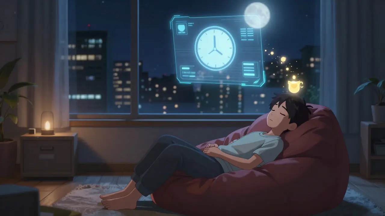 Sleeping anime character receiving floating golden rewards in a quiet room at night