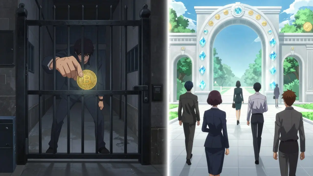 Split anime scene showing banned crypto vs allowed tokenized assets