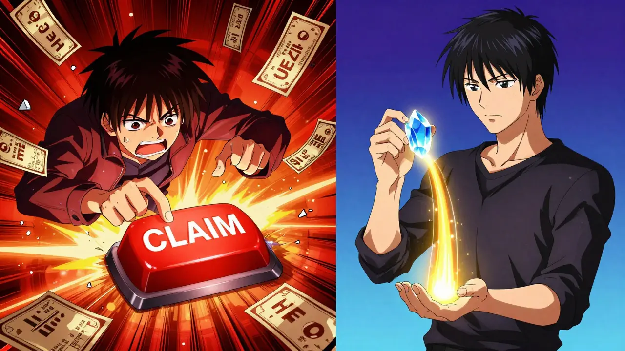 Split screen anime comparing frantic manual claiming with calm passive token holding