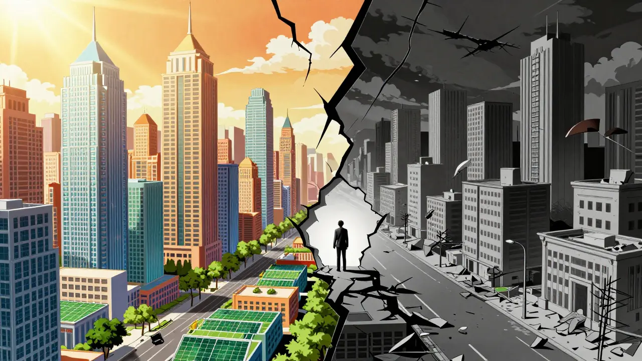 Split view of a vibrant futuristic city and a crumbling gray version separated by a crack