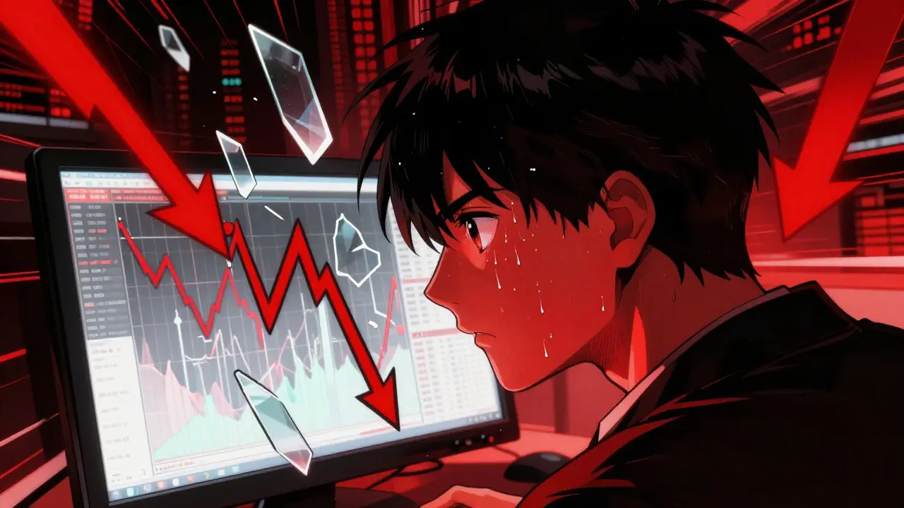 Stressed anime trader facing red digital chaos, representing market liquidation