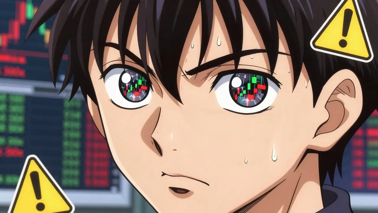 Stressed anime trader facing volatile high-leverage charts