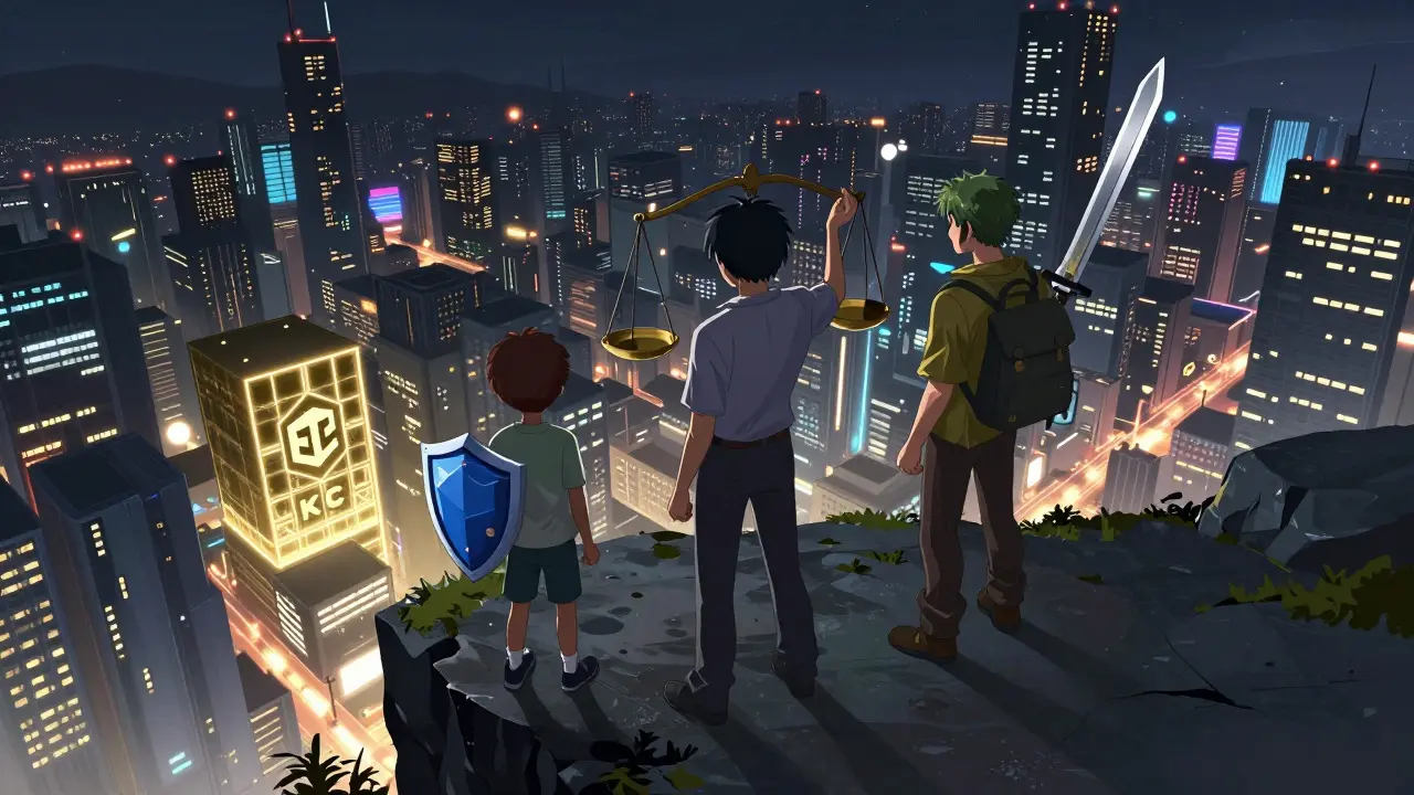 Three anime figures overlooking a cyberpunk city representing different crypto strategies