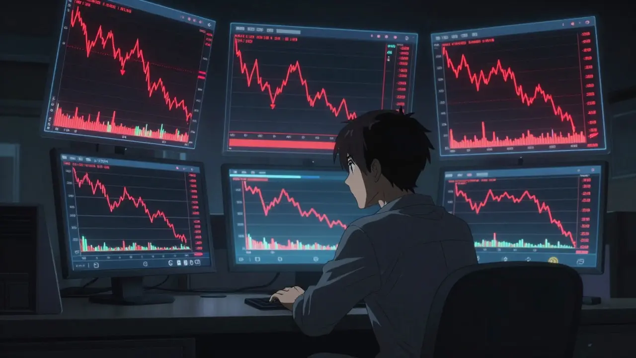Trader looking at volatile crypto charts in dark room