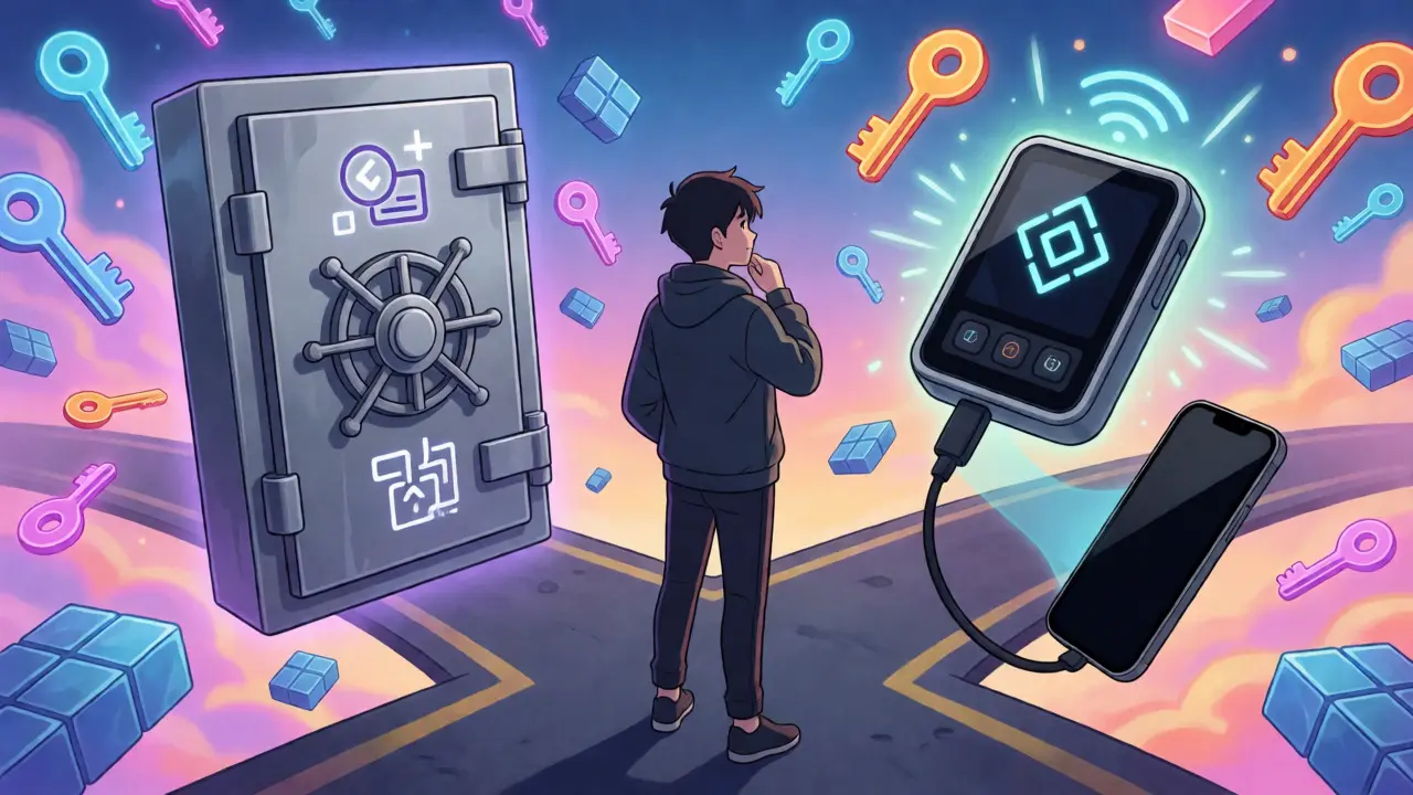 Anime character choosing between a heavy institutional vault and a simple portable crypto device.