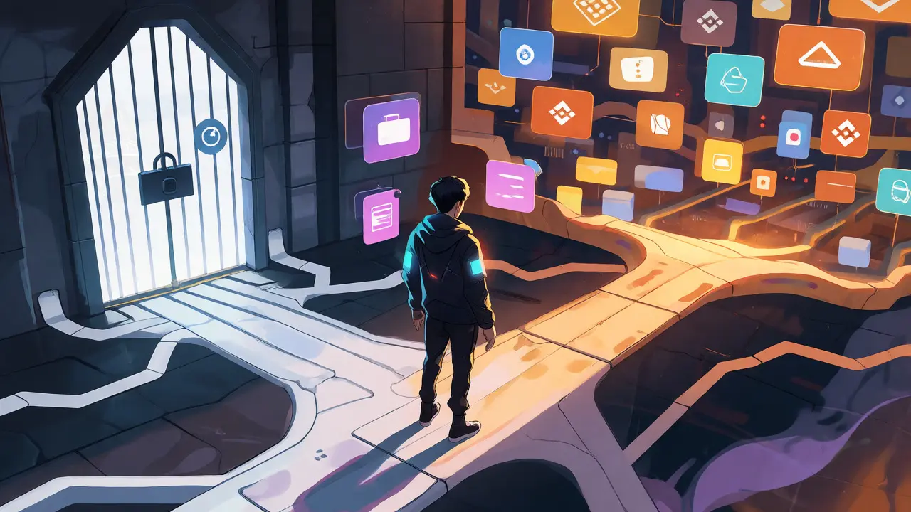 Anime character choosing between closed centralized gates and an open DeFi bazaar.