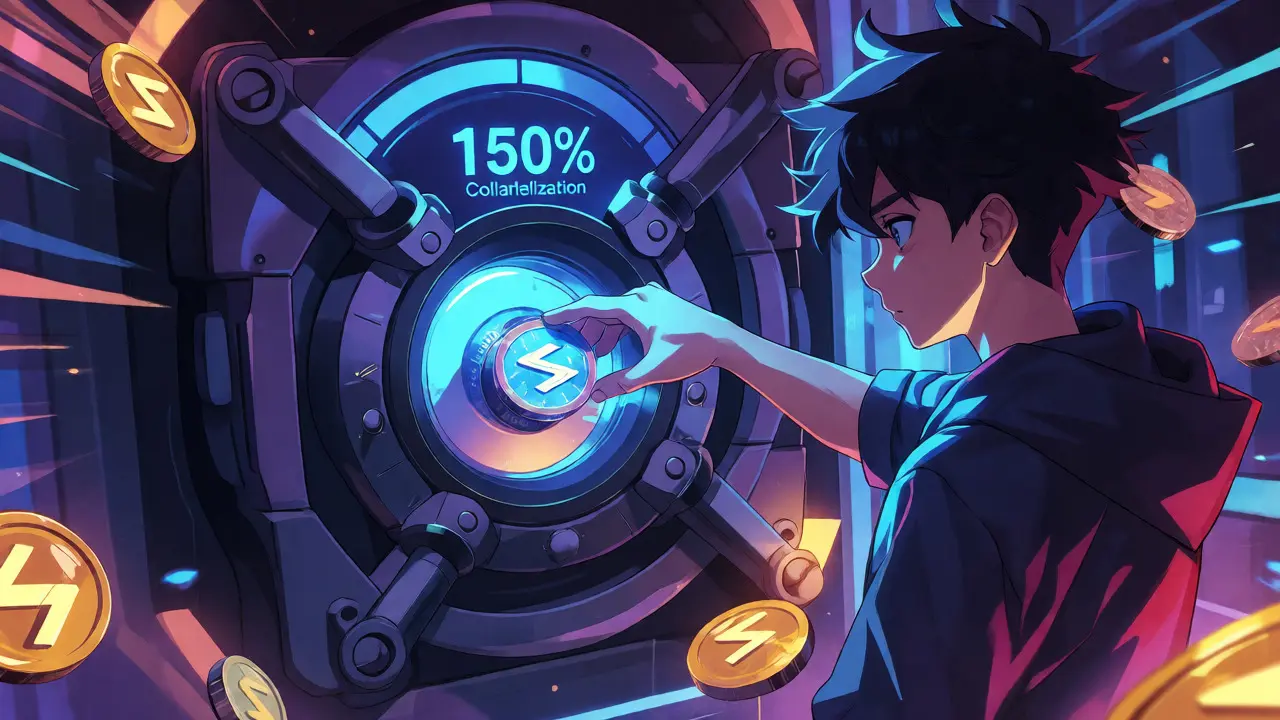 Anime character minting Hubble USDH by locking crypto collateral on Solana