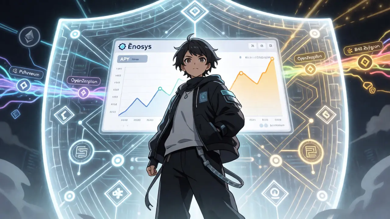 Anime character protected by a glowing security shield while viewing rising yields and cross-chain links.