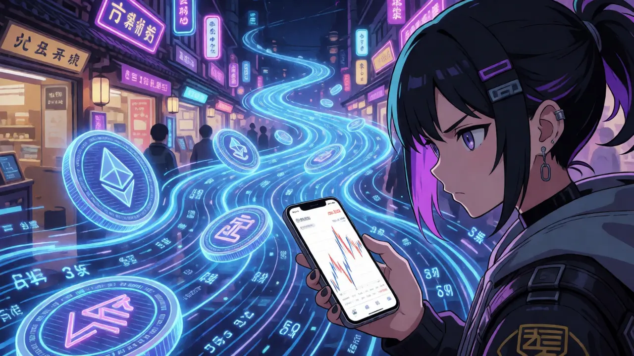 Anime character viewing crypto charts in neon market