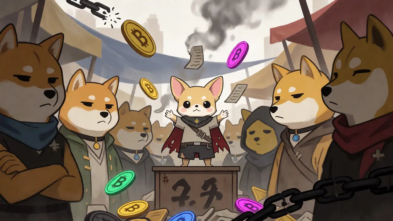 Anime Chihuahua selling empty air to indifferent dog coins in a market