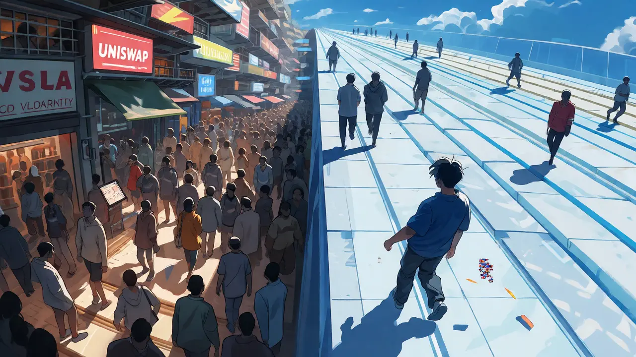 Anime contrast between crowded DEX markets and efficient cross-chain paths
