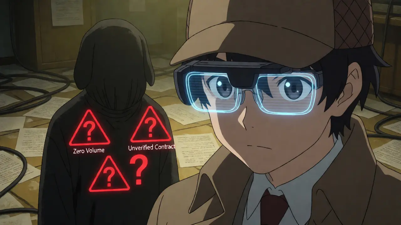 Anime detective using AR glasses to spot red flags on a fake crypto token