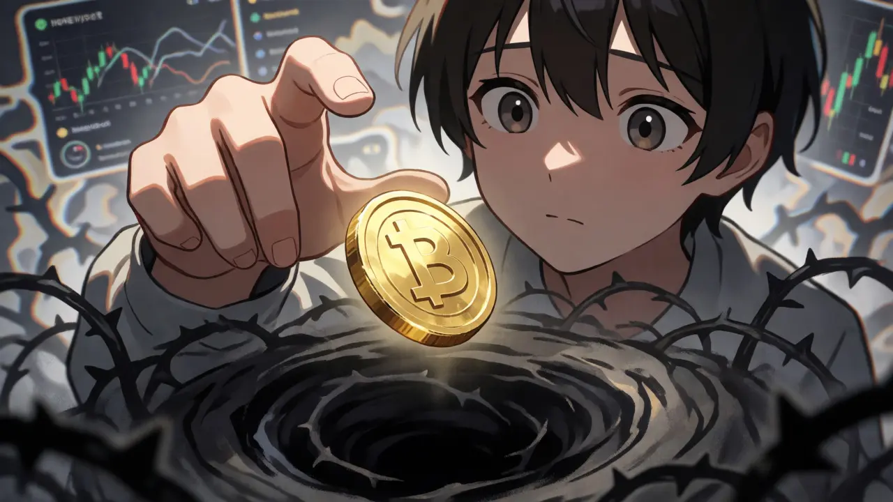 Anime hand reaching for a trapped golden coin above a dark vortex.