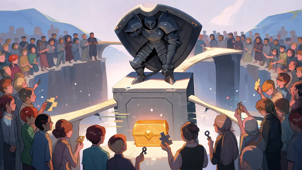 Anime illustration of an isolated monolithic guardian versus a decentralized modular community
