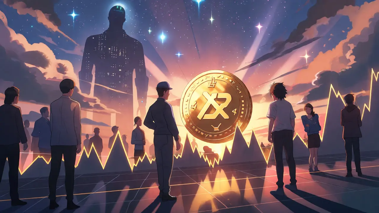 Anime illustration of investors and creators viewing a volatile ASRR token against a centralized AI backdrop.