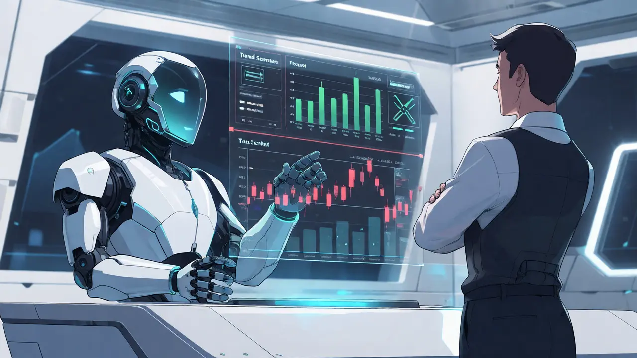 Anime robot assistant projecting trend data for a confident investor.