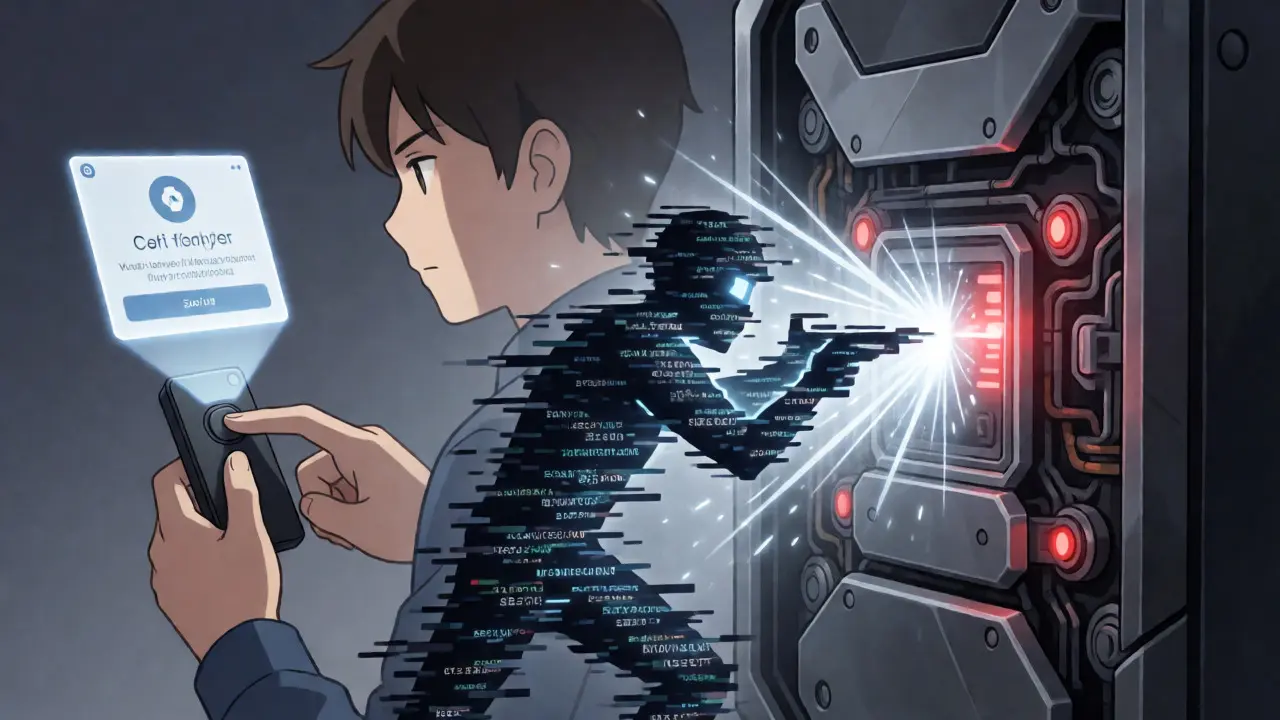 Anime scene of a digital attack failing on an armored HSM while a user approves a transaction on a wallet.