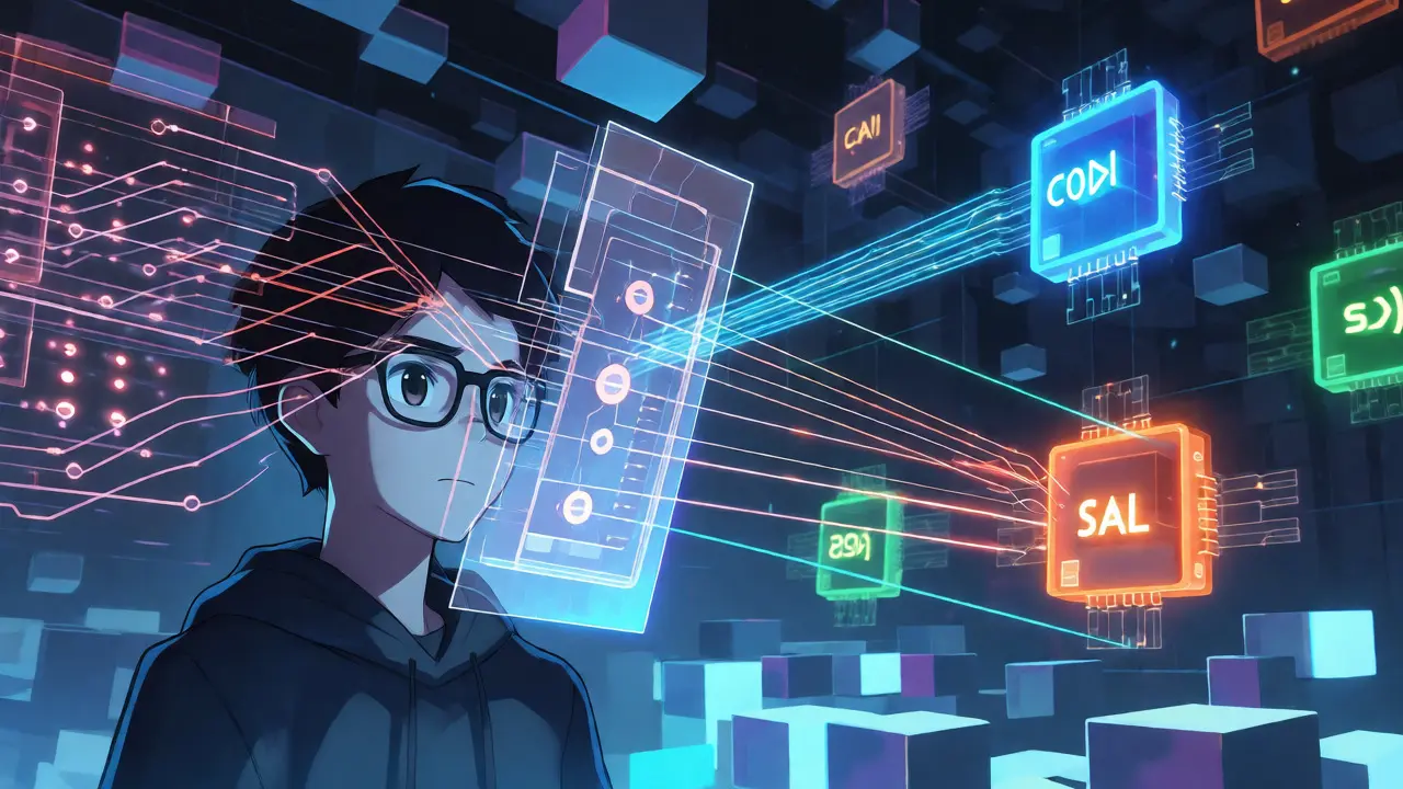 Anime scene showing fast data routing to specialized AI models via Solana blockchain technology.