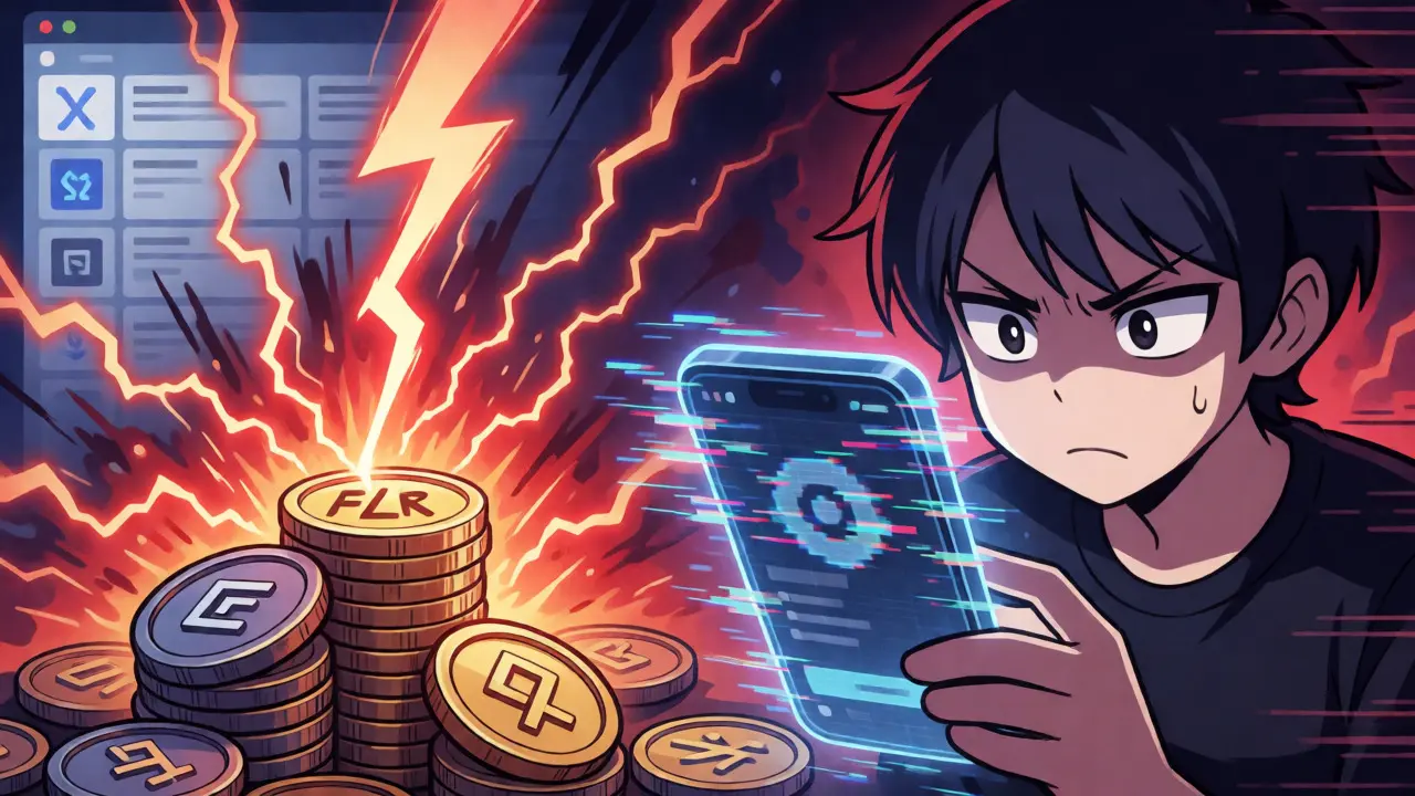 Anime scene showing market volatility storms and a user struggling with a glitchy mobile interface.