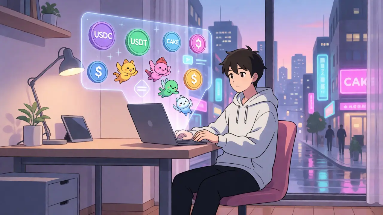 Anime user paying gas fees with token mascots