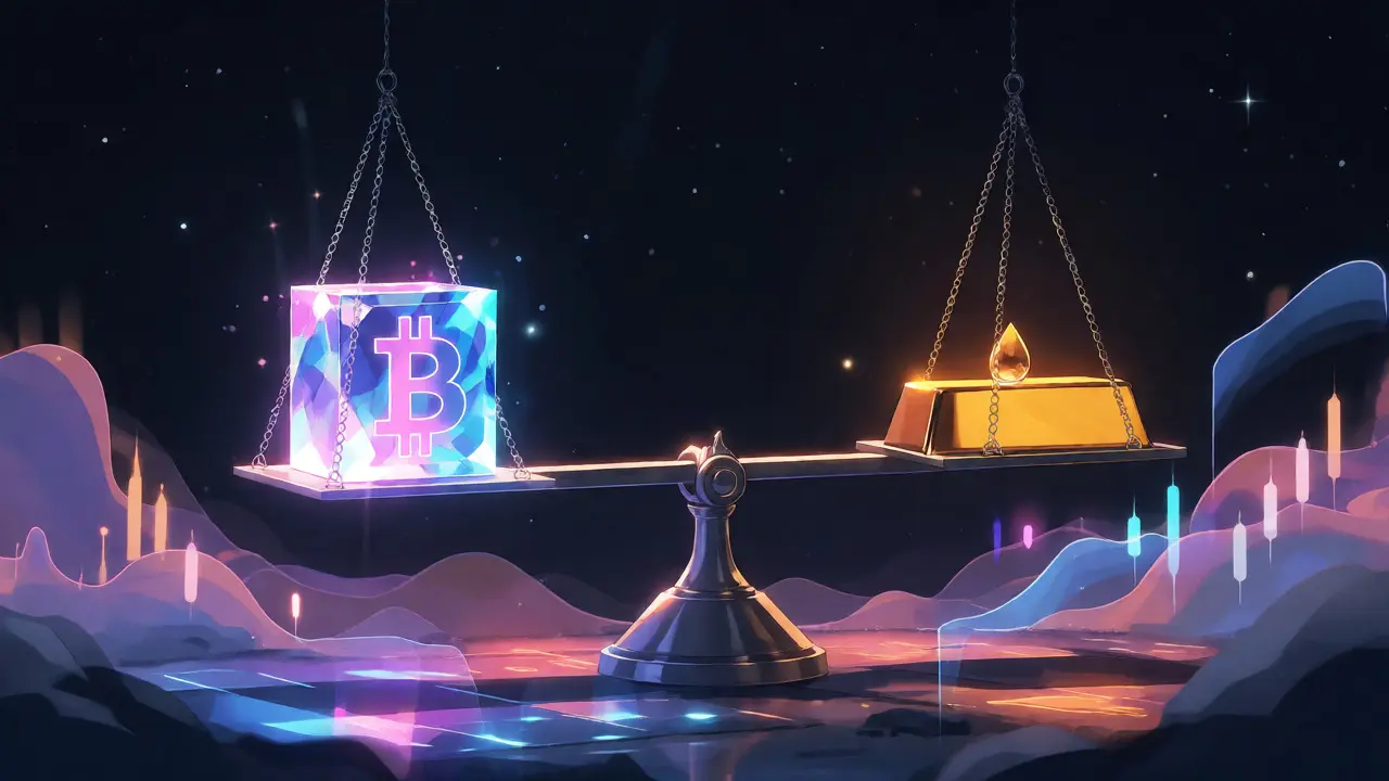 Balanced scale holding Bitcoin and gold bars under night sky