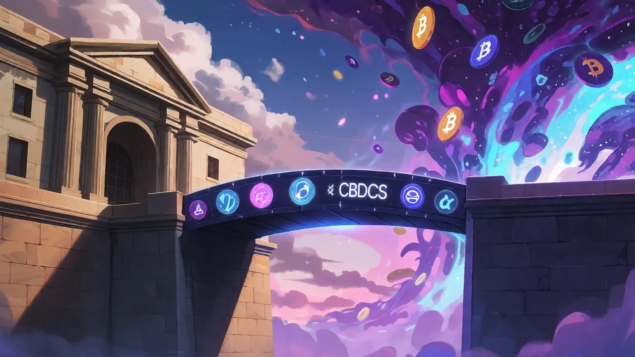 Bridge connecting traditional bank vault and crypto vortex