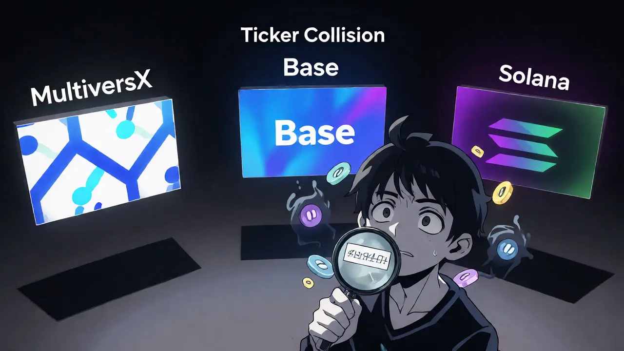 Confused anime character facing multiple DRX tokens from different blockchains.