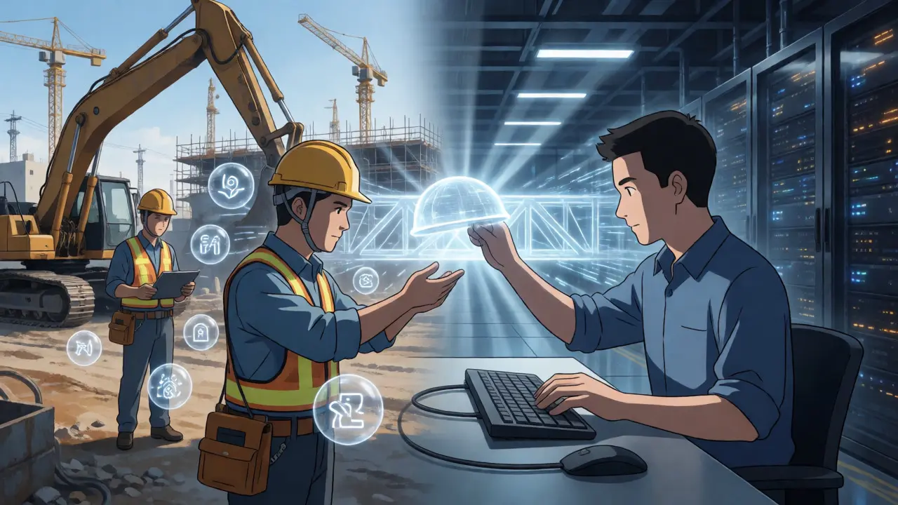 Construction site and server room connected by a glowing digital API bridge.